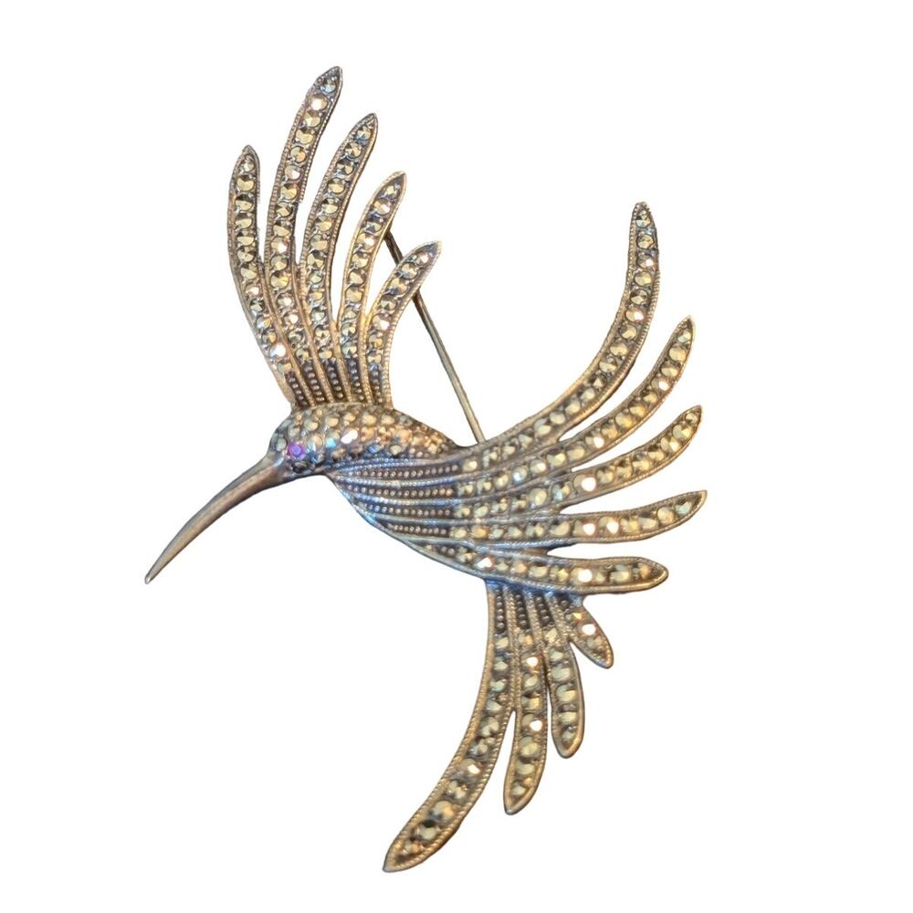 Vintage Sterling Marcasite Art Deco Humming Bird in Flight Ruby Eye Brooch - Picture 5 of 6